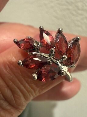 Natural Red Garnet Leaf Statement Ring Silver Tone Copper Adjustable MarquiseCut